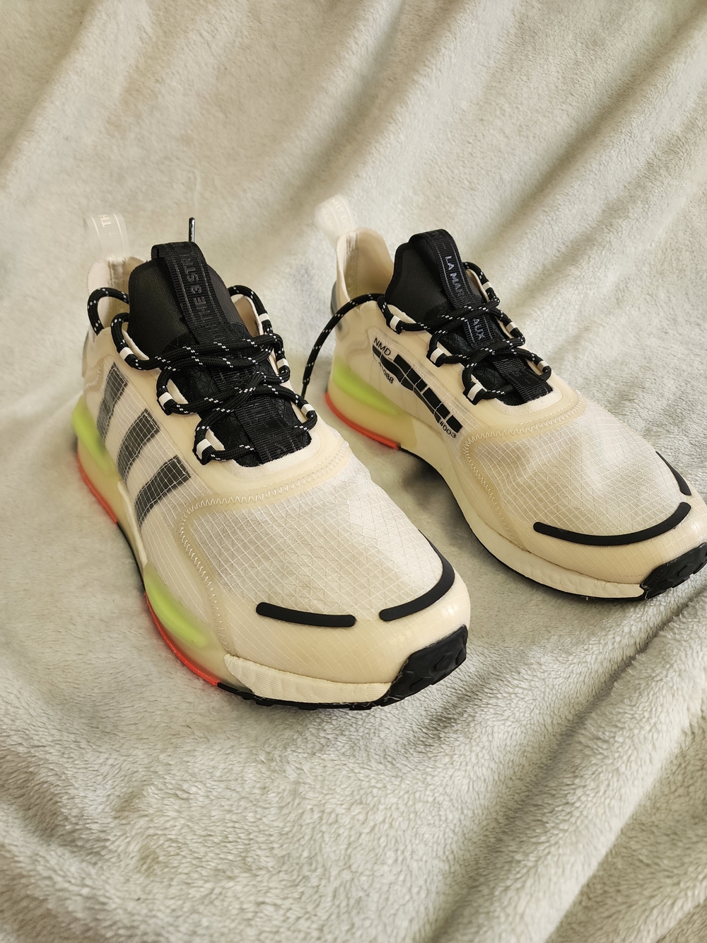 Adidas NMD Men's Athletic Shoes Cream with Black and Neon Accents